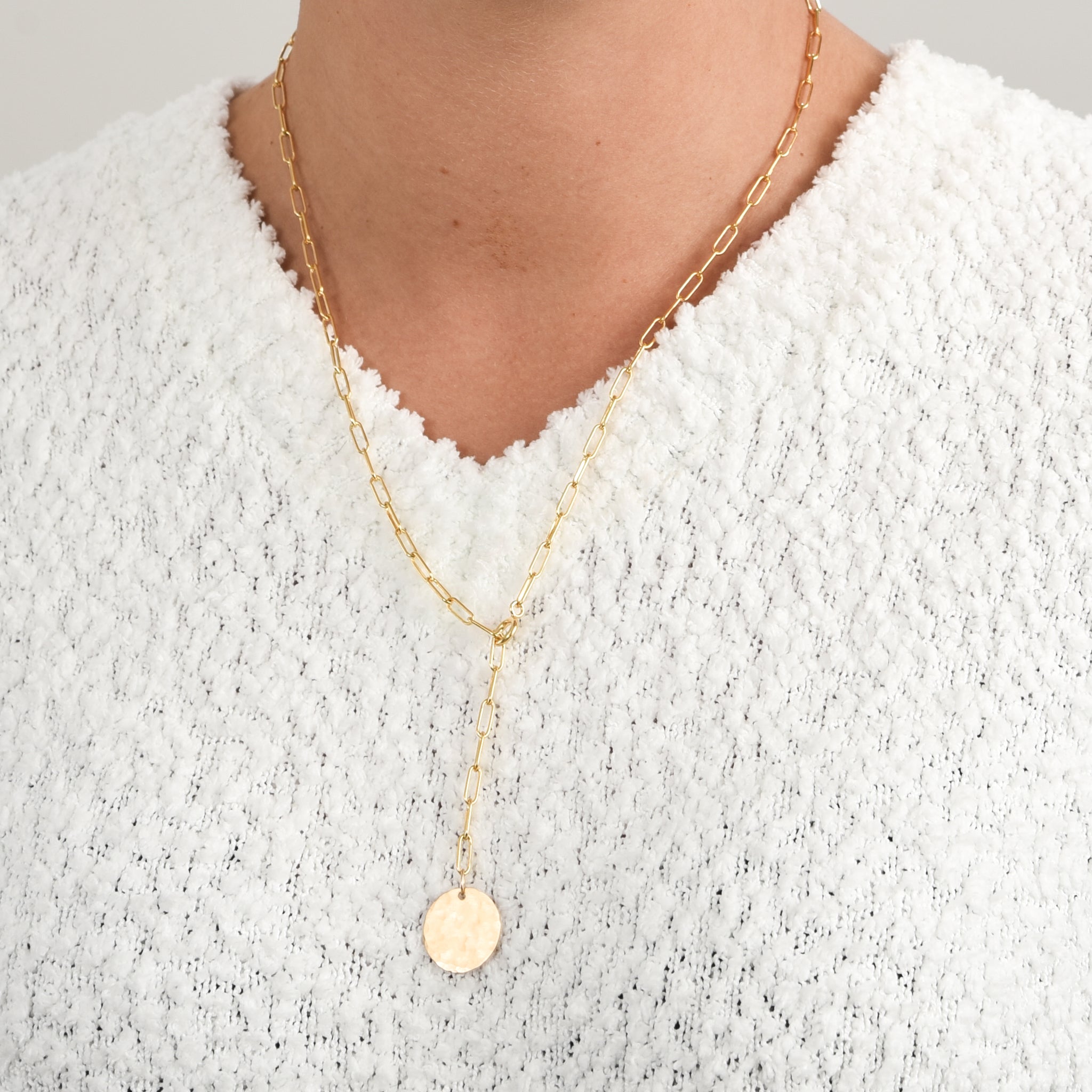 14k Gold Filled Small Paper Clip Lariat Disc Necklace