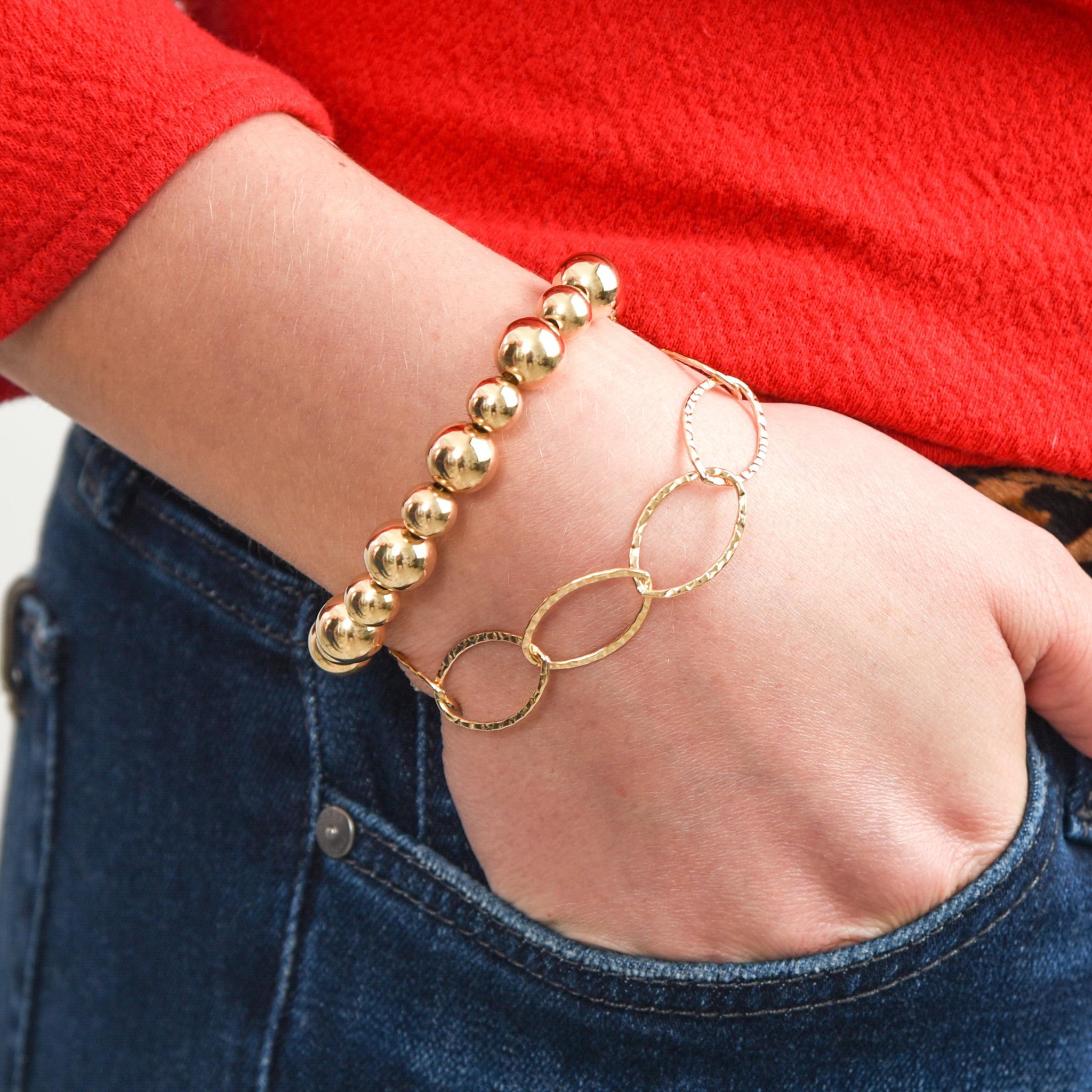14k Gold Filled Oval Chain & Beaded Bracelet Set