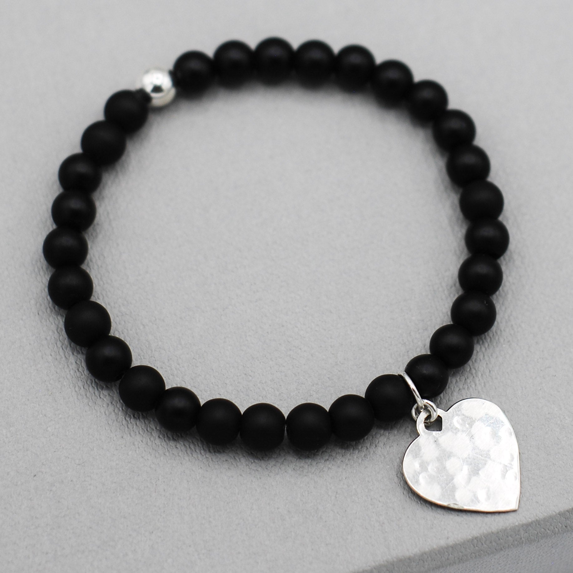 Matte Black Onyx & Sterling Silver Heart Bracelet