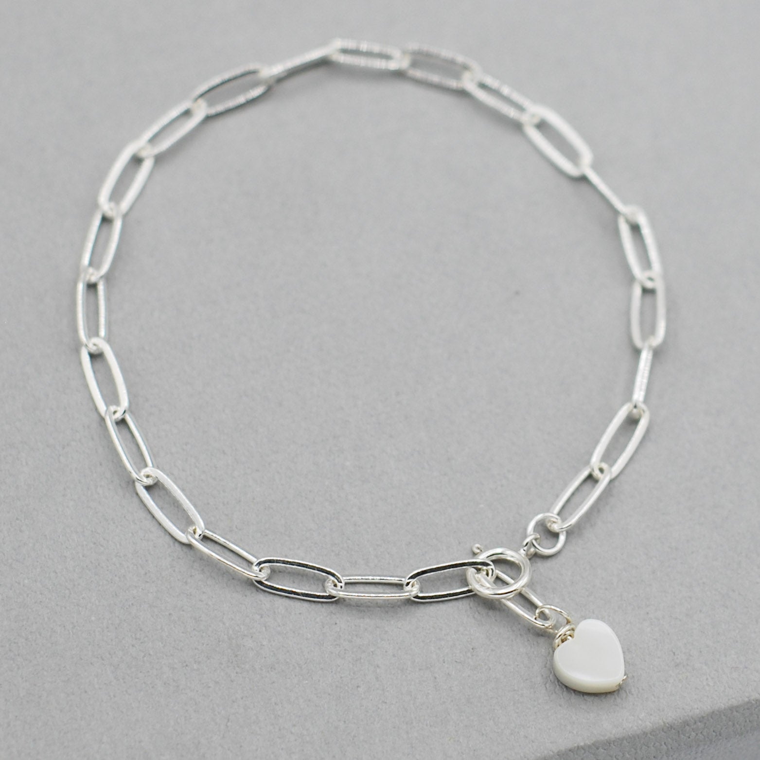 Sterling Silver Paper Clip Heart Charm Bracelet